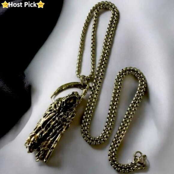 None Other - The Grim Reaper carrying Scythe & Skull in hand Pendant Silver Tone Necklace NWT